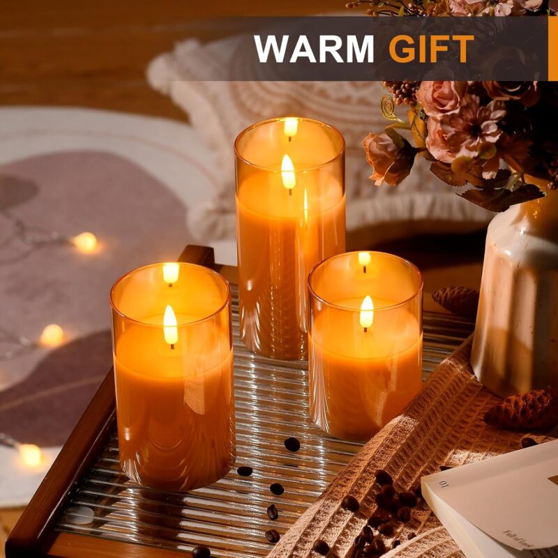 Glass Battery Operated LED Flameless Candles with Remote and Timer, Real Wax Candles Warm Color Flickering Light for Festival Wedding Home Party Decor(Pack of 3)-Gold - Image 7