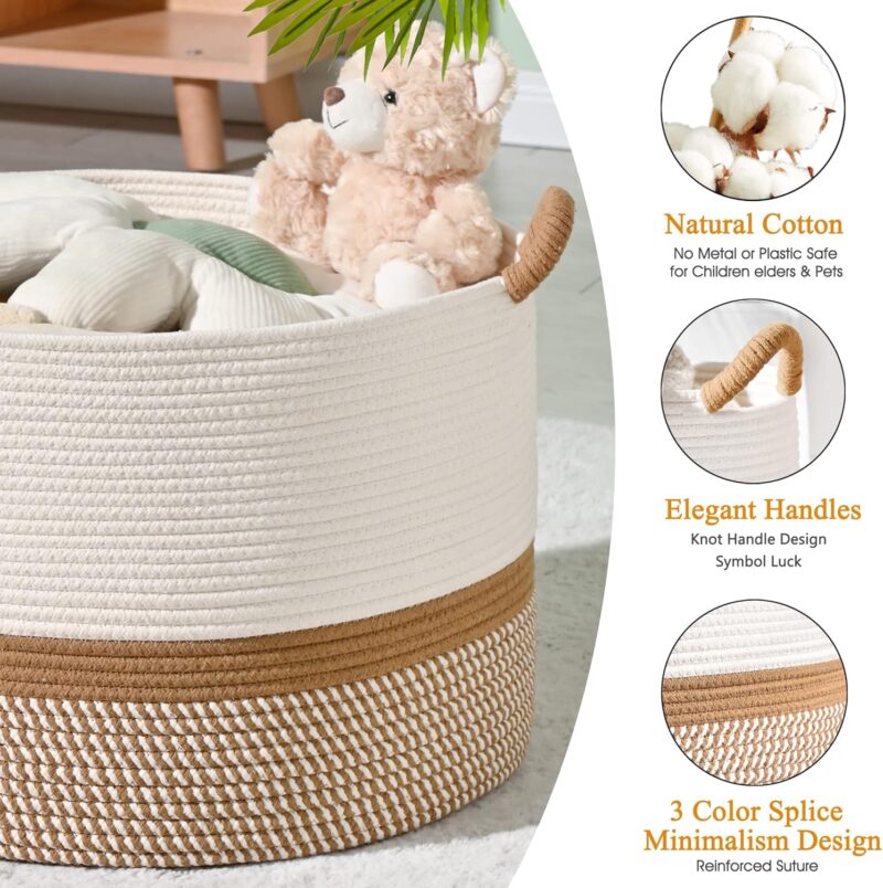 KAKAMAY Large Blanket Basket (20"x13"),Woven Baskets for storage Baby Laundry Hamper, Cotton Rope Blanket Basket for Living Room, Laundry, Nursery, Pillows, Baby Toy chest (White/Brown) - Image 6