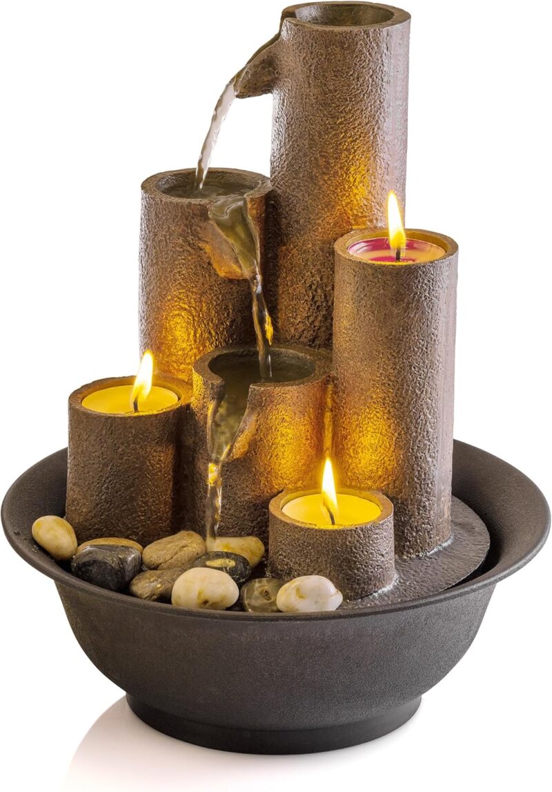 Alpine Corporation WCT202 Indoor Tabletop Tiered Water Fountain Featuring 3 Candles for Desktop and Table, 11", Brown - Image 9
