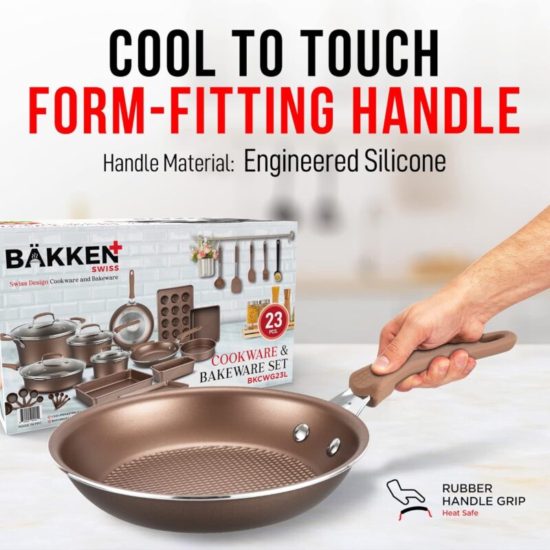 Cookware Set – 23 Piece –Gold Multi-Sized Cooking Pots with Lids, Skillet Fry Pans and Bakeware – Reinforced Pressed Aluminum Metal - Suitable for Gas, Electric, Ceramic and Induction by BAKKEN Swiss - Image 9