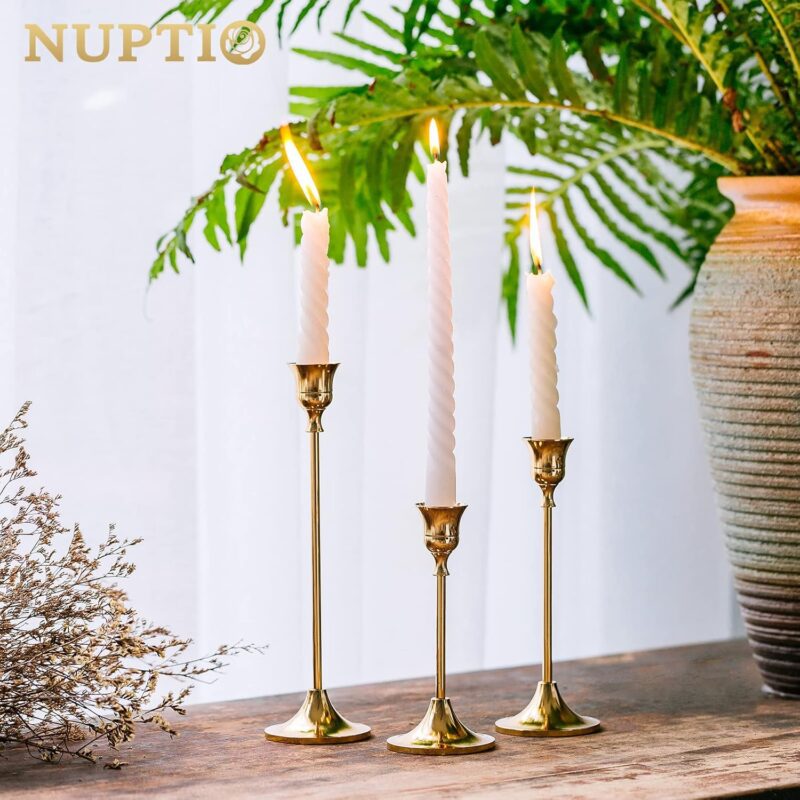 Candlestick Holders Taper Candle Holders, Set of 3 Candle Stick Holders Set, Brass Gold Candlestick Holder Set, Vintage Modern Decorative Centerpiece for Table Mantel Wedding Housewarming Gift - Image 2
