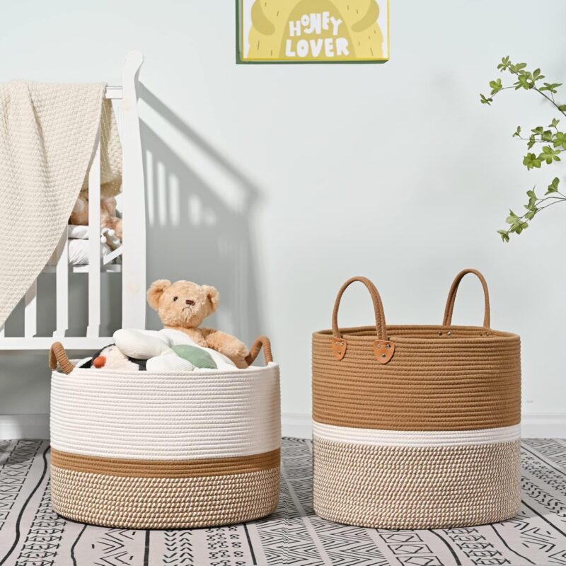 KAKAMAY Large Blanket Basket (20"x13"),Woven Baskets for storage Baby Laundry Hamper, Cotton Rope Blanket Basket for Living Room, Laundry, Nursery, Pillows, Baby Toy chest (White/Brown) - Image 7