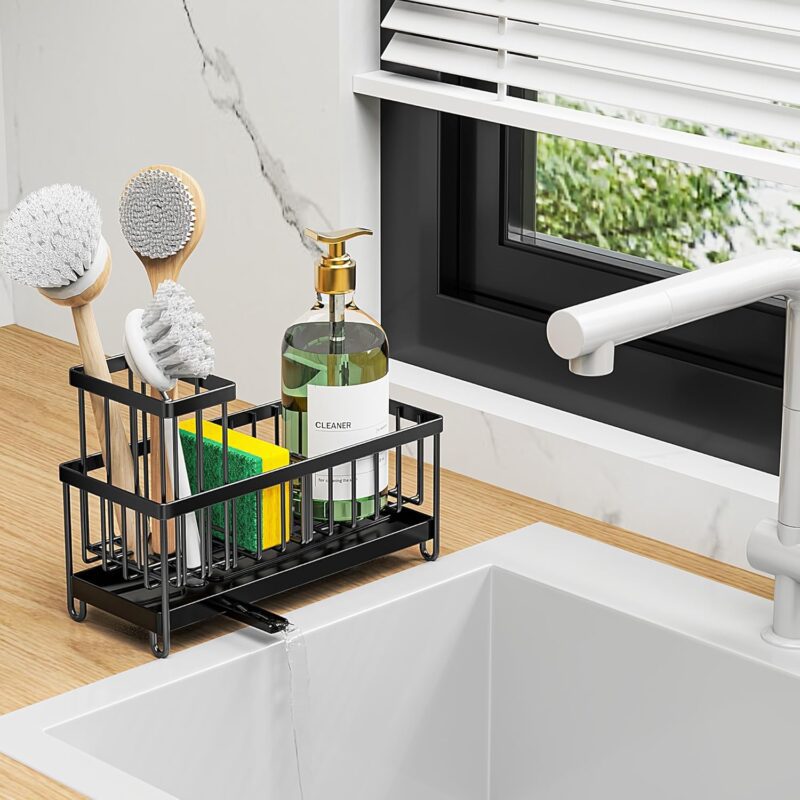 Cisily Black Sponge Holder for Kitchen Sink, Sink Caddy Organizer with High Brush Holder, Kitchen Countertop Organizers and Storage Essentials, Rustproof 304 Stainless Steel, Soap Dispenser Organize - Image 7
