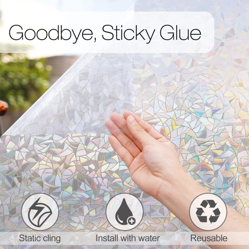 rabbitgoo Window Privacy Film Rainbow Film Decorative Window Sticker, 3D Static Stained Glass Cling Tint for Home Heat Control Non-Adhesive, 17.5 x 78.7 inches - Image 4