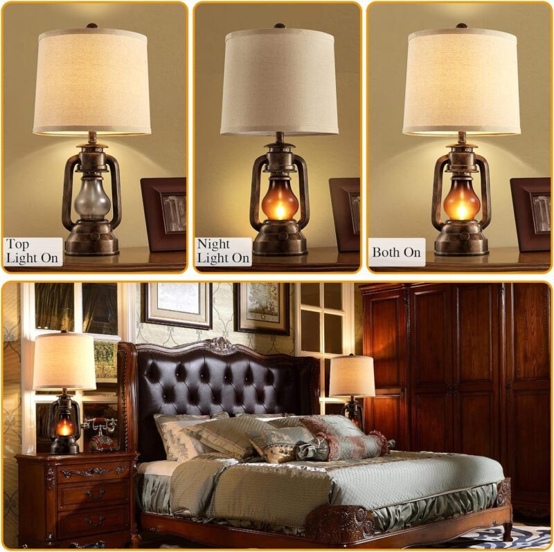 RORIANO Farmhouse Lantern Table Lamps for Living Room Set of 2, Vintage Bedroom Resin Lamp with Dual USB Charging Ports, Rustic Retro Bedside Nightstand Desk Lamp, Linen Fabric Shade, 4 Bulb Included - Image 3