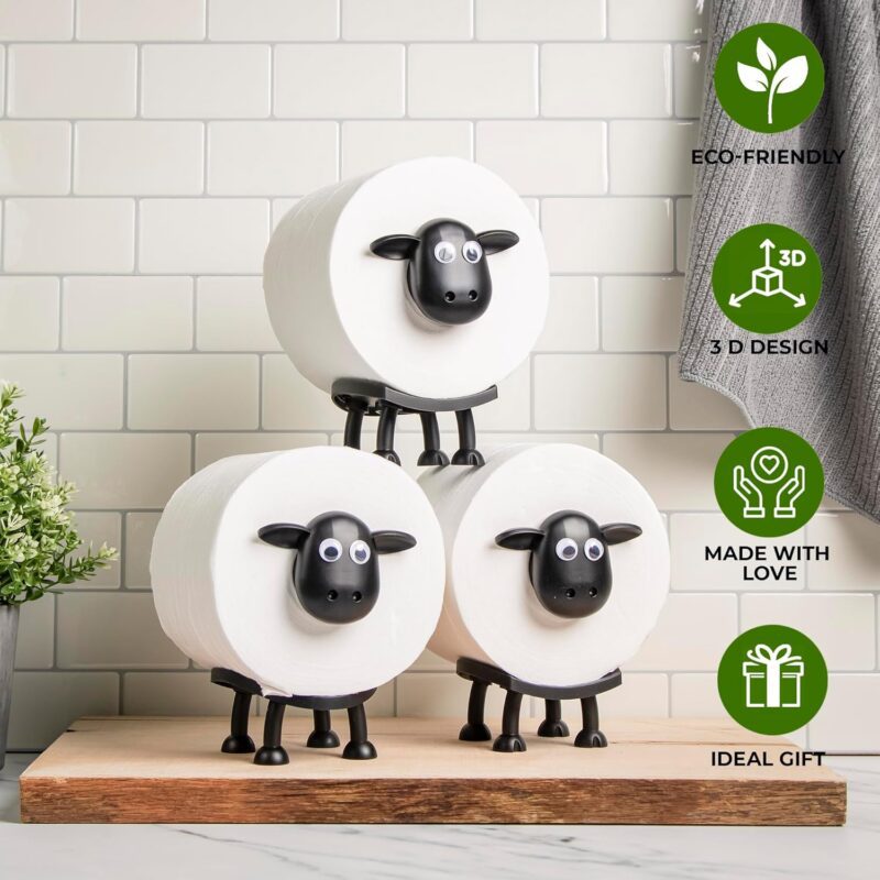 VELENTI Sheep Toilet Roll Holder - Funny Toilet Paper Holder Free Standing Bathroom Set - 3D Printed Black Sheep Loo Roll Holder - Hilarious Tissue Paper Roll Storage - Cute Bathroom Decor - Set of 3 - Image 4