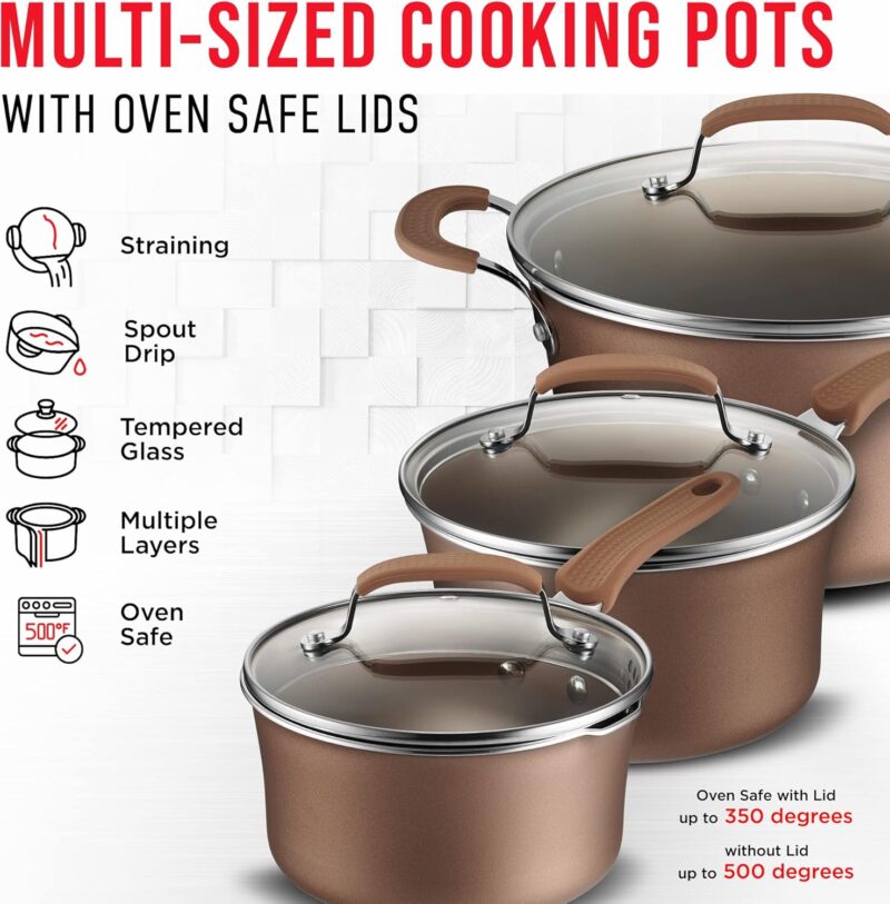 Cookware Set – 23 Piece –Gold Multi-Sized Cooking Pots with Lids, Skillet Fry Pans and Bakeware – Reinforced Pressed Aluminum Metal - Suitable for Gas, Electric, Ceramic and Induction by BAKKEN Swiss - Image 3