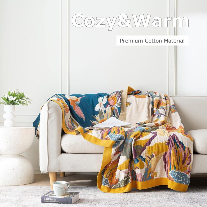 Boho Throw Blanket - 100% Cotton Ultra Soft Bed Throw Large - Fall Blanket Floral Bird and Butterfly Farmhouse Decor Bed Blankets,60"×80" All Season Blanket for Sofa Couch Chair - Image 4