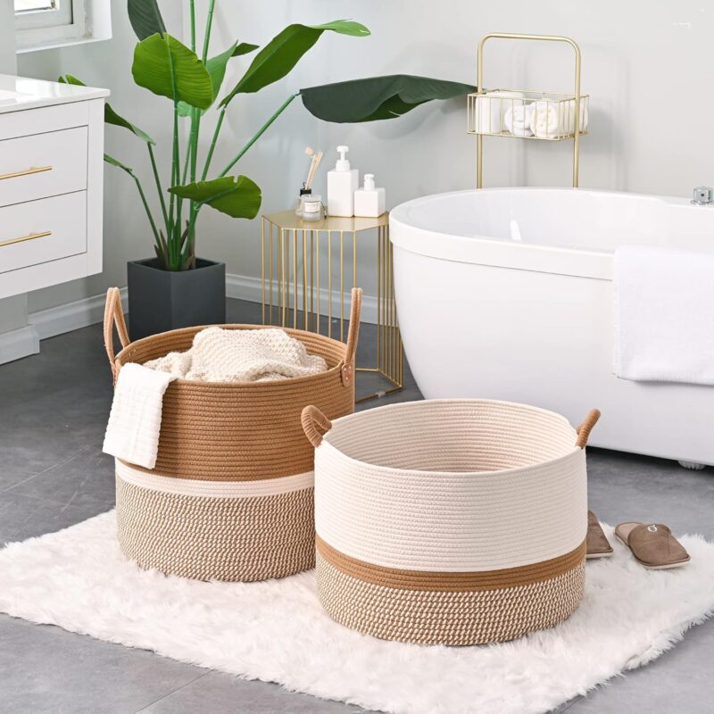 KAKAMAY Large Blanket Basket (20"x13"),Woven Baskets for storage Baby Laundry Hamper, Cotton Rope Blanket Basket for Living Room, Laundry, Nursery, Pillows, Baby Toy chest (White/Brown) - Image 5