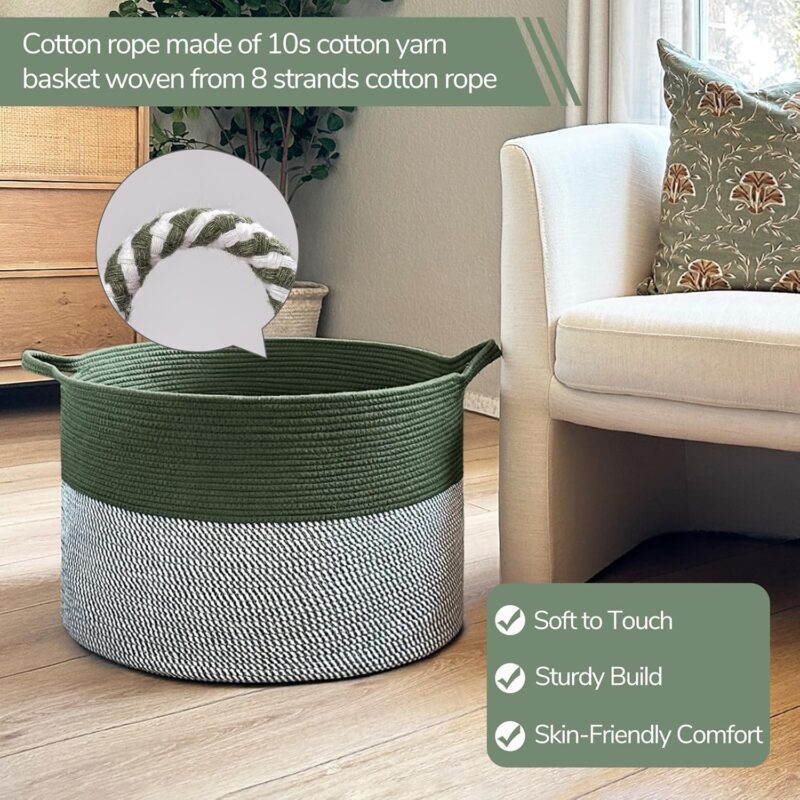 INDRESSME Large Laundry Storage Basket, 21.7 x 13.8 Blanket Baskets for Organizing Decorative Rope Basket Living Room Bedroom Nursery Toy Storage Basket for Colthes Towel, Empty Gift Basket, Green - Image 2
