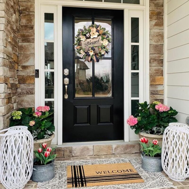 Spring Summer Wreath for Front Door,Farmhouse Magnolia Porch Decoration,Front Door Hanger,Housewarming Gift, Buffalo Plaid Year Round Wreath,Summer Home Decor - Image 2