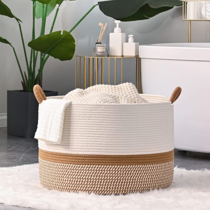 KAKAMAY Large Blanket Basket (20"x13"),Woven Baskets for storage Baby Laundry Hamper, Cotton Rope Blanket Basket for Living Room, Laundry, Nursery, Pillows, Baby Toy chest (White/Brown) - Image 8