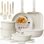 Astercook 23 Pcs Pots and Pans Set Non Stick, Ceramic Cookware Set Detachable Handle, RV Kitchen Cooking Set Removable Handles, Oven Safe, Induction Ready, Stackable Non-stick Set, Cream White