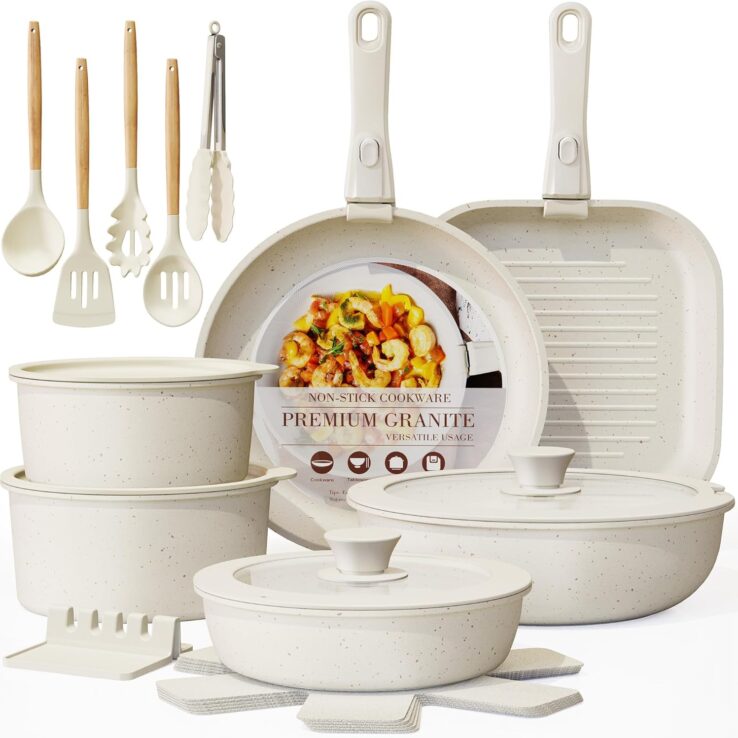Astercook 23 Pcs Pots and Pans Set Non Stick, Ceramic Cookware Set Detachable Handle, RV Kitchen Cooking Set Removable Handles, Oven Safe, Induction Ready, Stackable Non-stick Set, Cream White