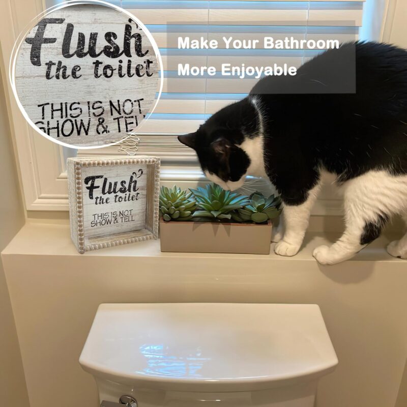 6.3" Flush Toilet Sign Bathroom Rules White Black, Farmhouse Shelf Antique Boho Funny Restroom Quote, Guest Supplies Decor Signage, Vintage Home Gender Neutral Small Women Man - Image 4