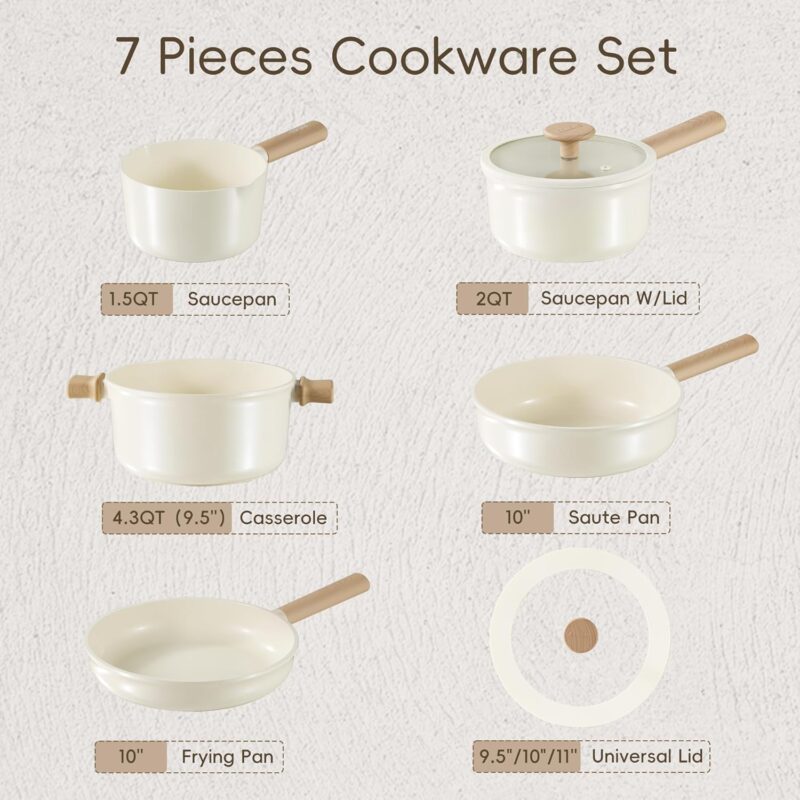CAROTE Ceramic Pots and Pans Set Non Stick, Non-Toxic Cookwares, Healthy Ceramic Cookware Set 7Pcs，PFAS/PFOA Free，Kitchen Induction Cooking Sets Dishwasher Safe, Cream White - Image 2