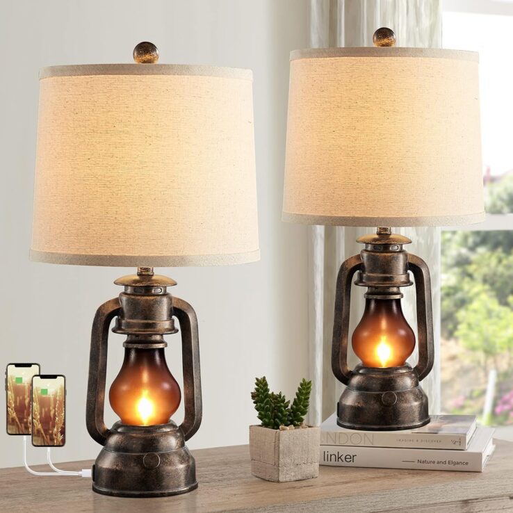 RORIANO Farmhouse Lantern Table Lamps for Living Room Set of 2, Vintage Bedroom Resin Lamp with Dual USB Charging Ports, Rustic Retro Bedside Nightstand Desk Lamp, Linen Fabric Shade, 4 Bulb Included