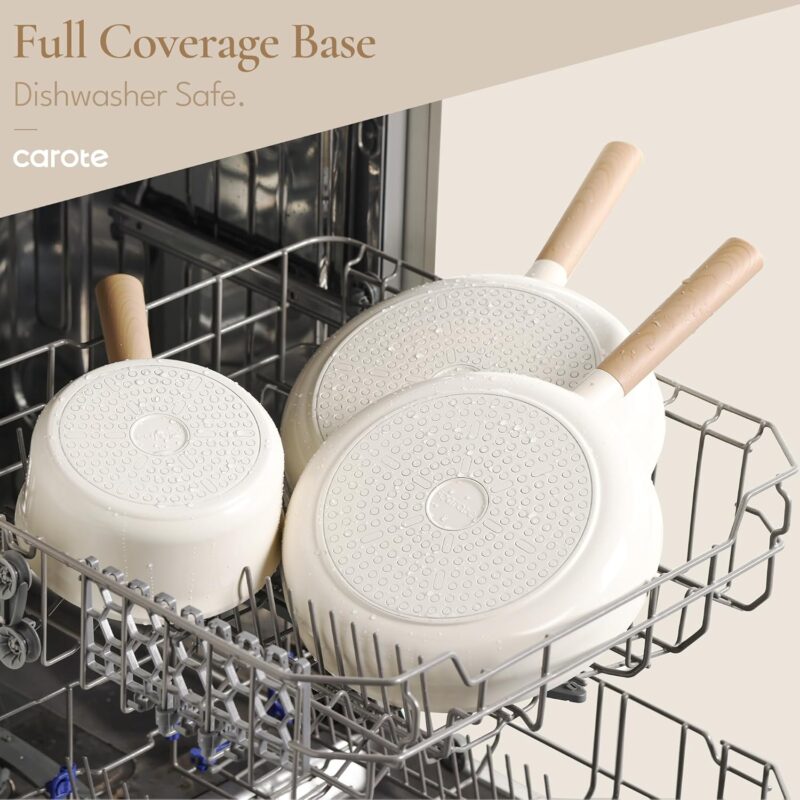 CAROTE Ceramic Pots and Pans Set Non Stick, Non-Toxic Cookwares, Healthy Ceramic Cookware Set 7Pcs，PFAS/PFOA Free，Kitchen Induction Cooking Sets Dishwasher Safe, Cream White - Image 5