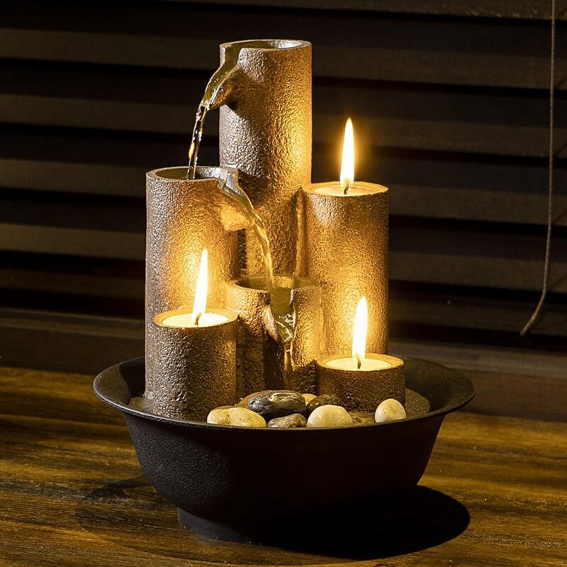 Alpine Corporation WCT202 Indoor Tabletop Tiered Water Fountain Featuring 3 Candles for Desktop and Table, 11", Brown - Image 13