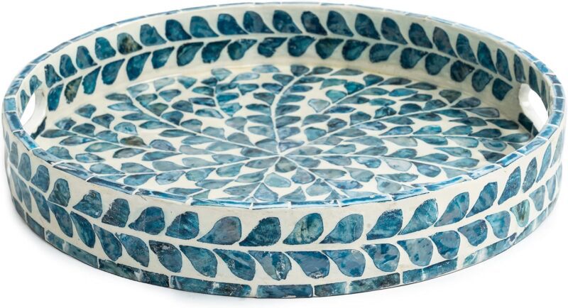 CLAYNIX Serving Tray 12.5 Inch, Lacquer Mother of Pearl Inlay Mosaic Tray, Round Wooden Marble Tray with Handles Trays for Tea, Breakfast (Leaf Style) - Image 2