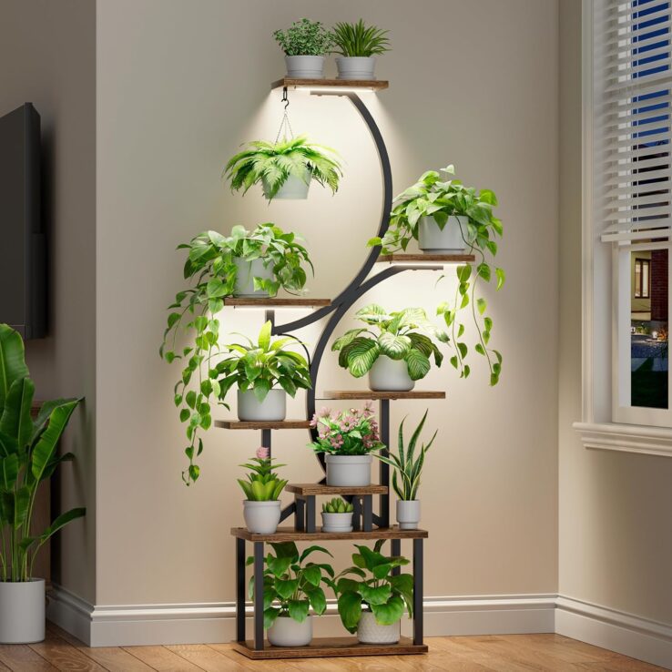 Plant Stand Indoor with Grow Lights - 8 Tiered Plant Shelf Indoor, 62" Corner Plant Stand for Indoor Plants Multiple, Metal Tall Plant Flower Holder, S-Shaped Plant Rack for Home, Patio(Patent Design)