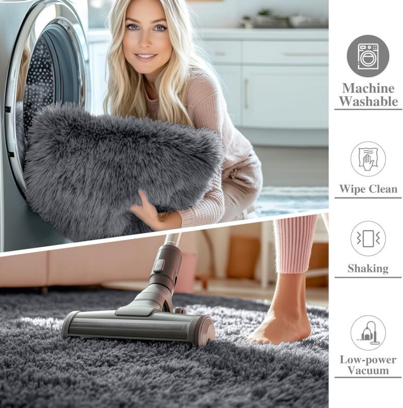 OLANLY Area Rugs for Living Room Bedroom, Machine Washable 4x5.9 Feet Soft Fluffy Shaggy Bedside Rug, Indoor Floor Carpet for Kids Girls and Boys, Dorms, Nursery Rooms, Home Decor Aesthetic, Grey - Image 2