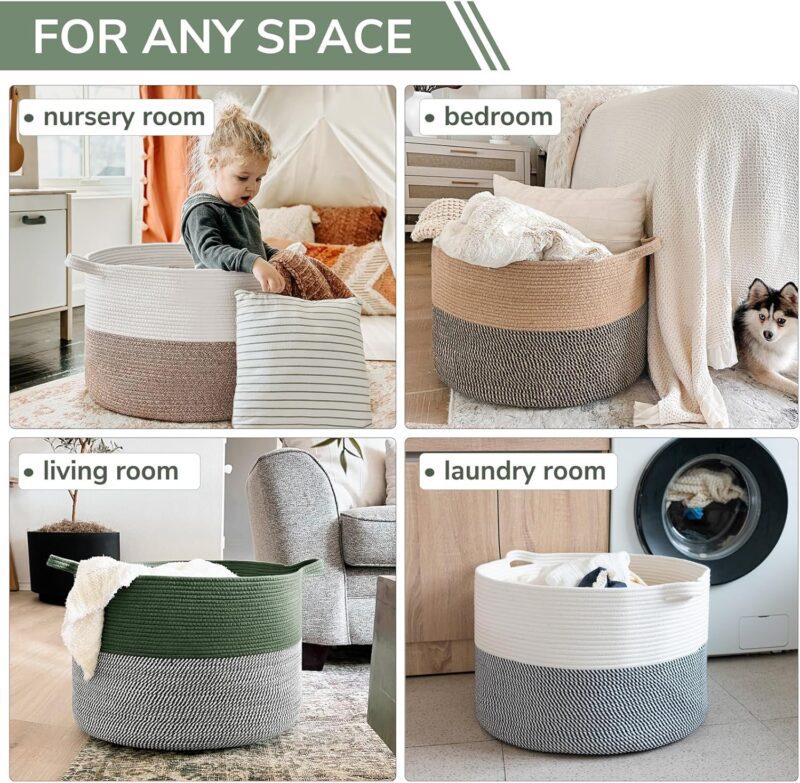 INDRESSME Large Laundry Storage Basket, 21.7 x 13.8 Blanket Baskets for Organizing Decorative Rope Basket Living Room Bedroom Nursery Toy Storage Basket for Colthes Towel, Empty Gift Basket, Green - Image 5