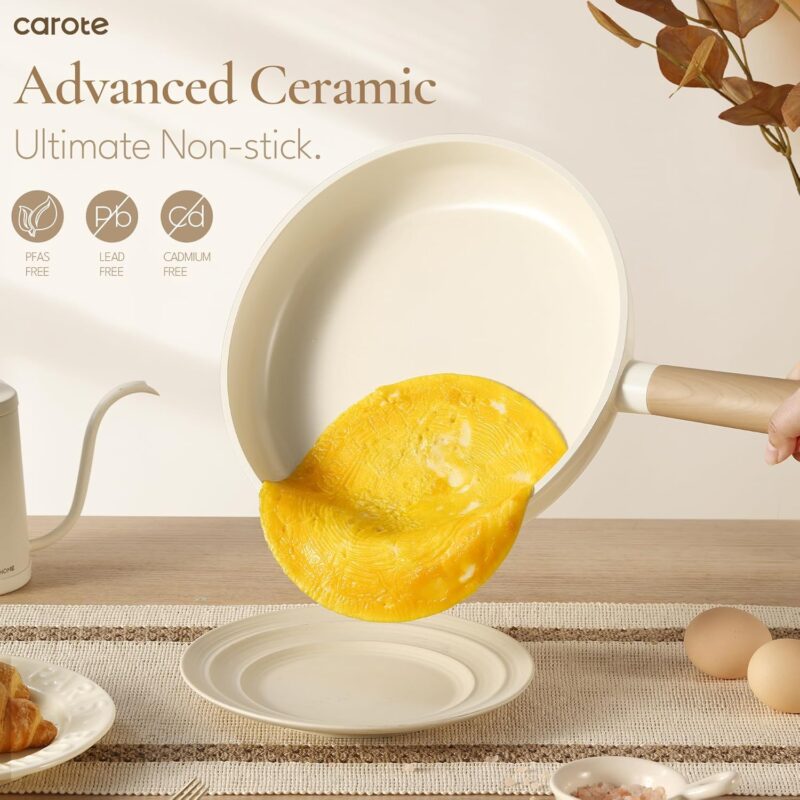 CAROTE Ceramic Pots and Pans Set Non Stick, Non-Toxic Cookwares, Healthy Ceramic Cookware Set 7Pcs，PFAS/PFOA Free，Kitchen Induction Cooking Sets Dishwasher Safe, Cream White - Image 3