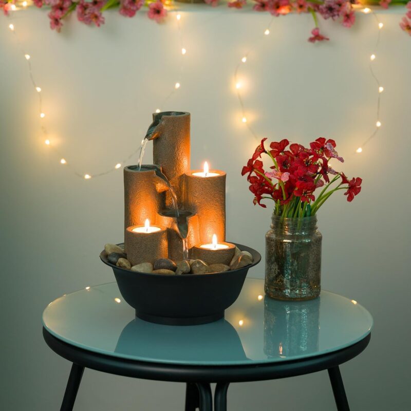 Alpine Corporation WCT202 Indoor Tabletop Tiered Water Fountain Featuring 3 Candles for Desktop and Table, 11", Brown - Image 2