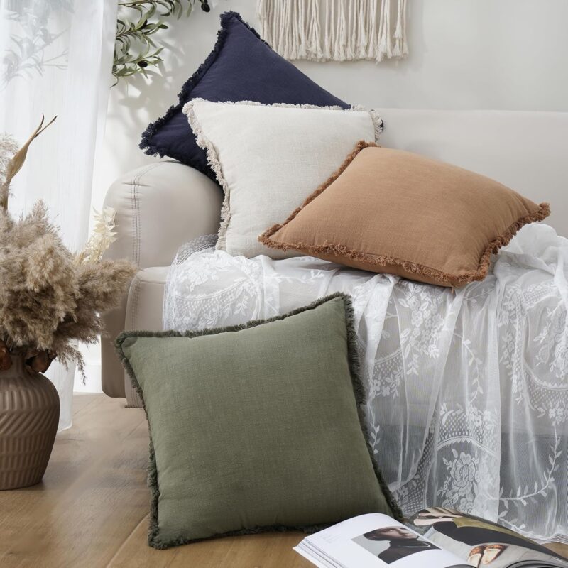 Foindtower Set of 2 Decorative Linen Fringe Throw Pillow Covers Cozy Boho Farmhouse Cushion Cover with Tassels Soft Accent Pillowcase for Couch Sofa Bed Living Room Home Decor,18×18 Inch,Olive Green - Image 7