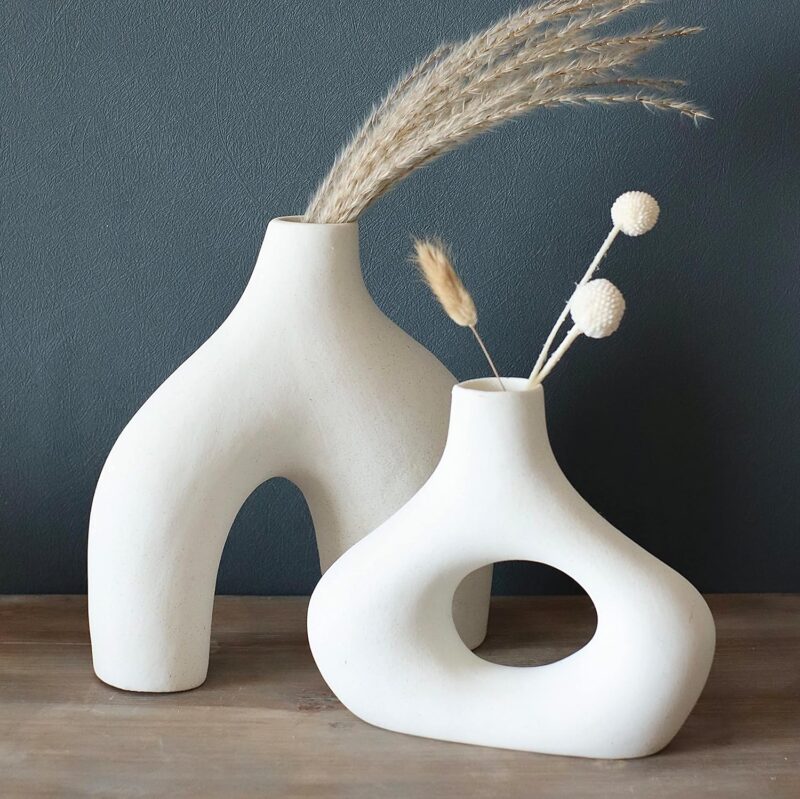 Carrot's Den Donut Vase, Set of 2 - Minimalist Nordic, White Ceramic Hollow Donut Vase Decor | Table Centerpiece, Olive Plant, Wedding, Living Room, Bookshelf, Office, Modern Home, Entryway, Console - Image 6