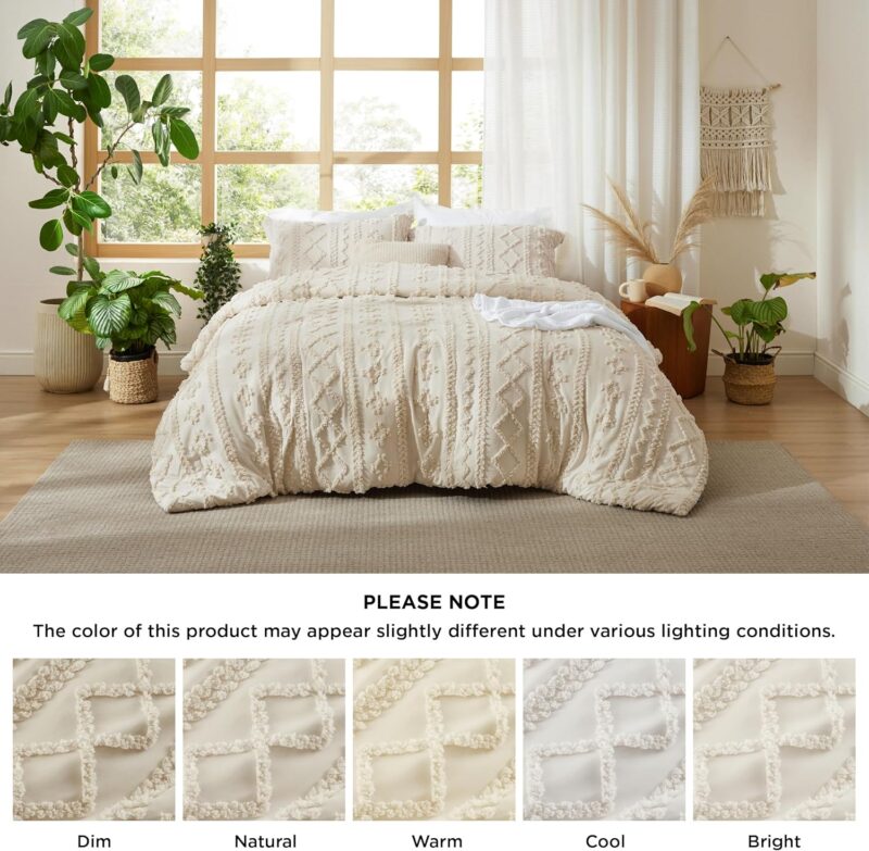 Bedsure Tufted Boho Comforter Set Queen Size - Beige Boho Bed Set, GentleSoft™ 3 Pieces Farmhouse Shabby Chic Embroidery Bedding, Gifts for Woman, Soft Jacquard Queen Comforter for All Seasons - Image 8