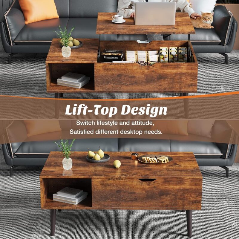 Sweetcrispy Coffee Table, Lift Top Coffee Tables for Living Room, Small Rising Wooden Dining Center Tables with Storage Shelf and Hidden Compartment, Brown - Image 5