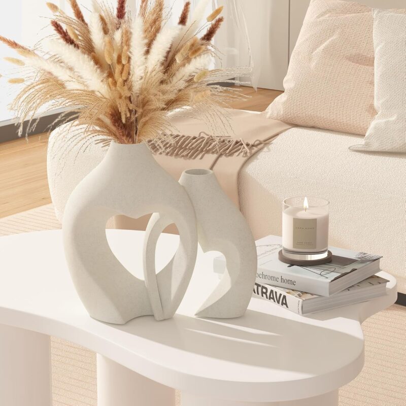 White Vases for Decor, Heart Shaped Ceramic Vase Set of 2, Nordic Heart Shaped Vases, Minimalist Decorative Vase for Table Centerpiece Wedding Dining Living Room Office House Decoration - Image 2