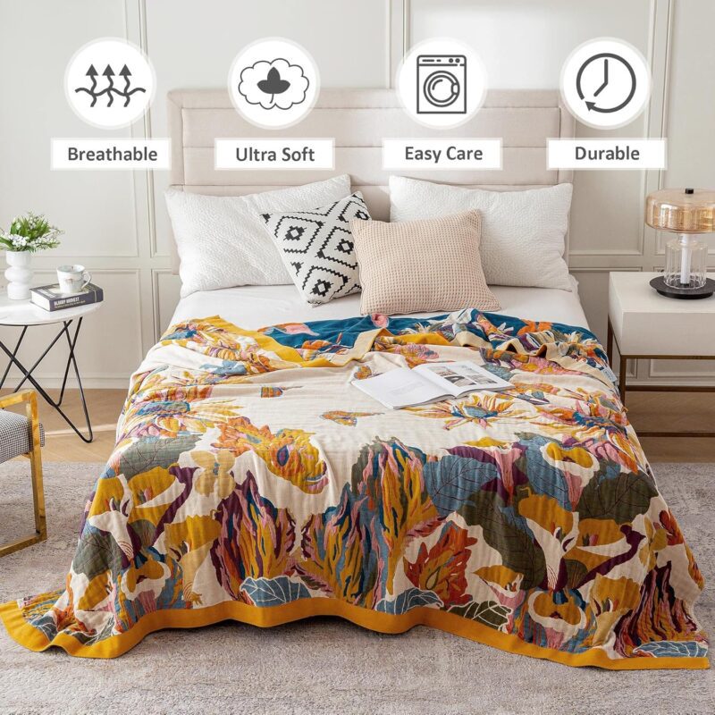 Boho Throw Blanket - 100% Cotton Ultra Soft Bed Throw Large - Fall Blanket Floral Bird and Butterfly Farmhouse Decor Bed Blankets,60"×80" All Season Blanket for Sofa Couch Chair - Image 2