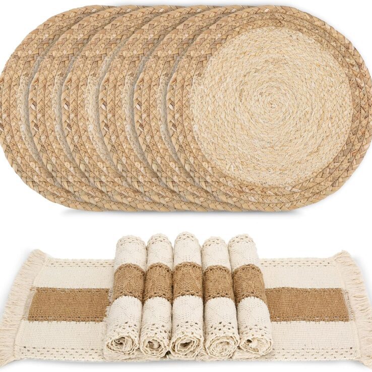 Handmade Boho Placemats Set of 6 - Natural Cotton Burlap and Water Straw Woven Combination Table Mats, Macrame Décor and Farmhouse Style Placemats, for Dining Table Kitchen
