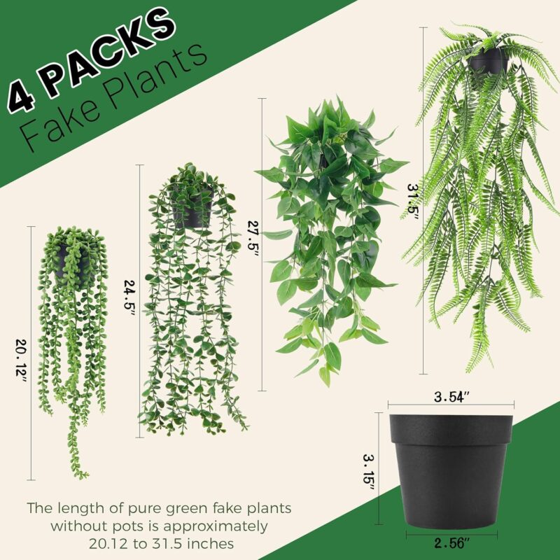 Der Rose 4Pcs Fake Plants Hanging Artificial Ivy Vine Faux Eucalyptus Hanging Plants, Boston Fern, String of Pearls for Home Boho Wall Shelf Indoor Outdoor Decor - Image 2