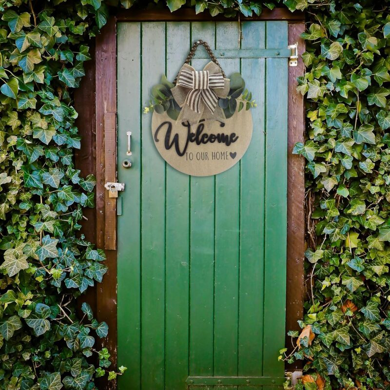 3D Welcome Sign for Front Door | Home/Farmhouse Porch Décor Wooden Hanging Sign with Artificial Leaves and Rustic Beads | Christmas Classroom |12" Round - Image 6
