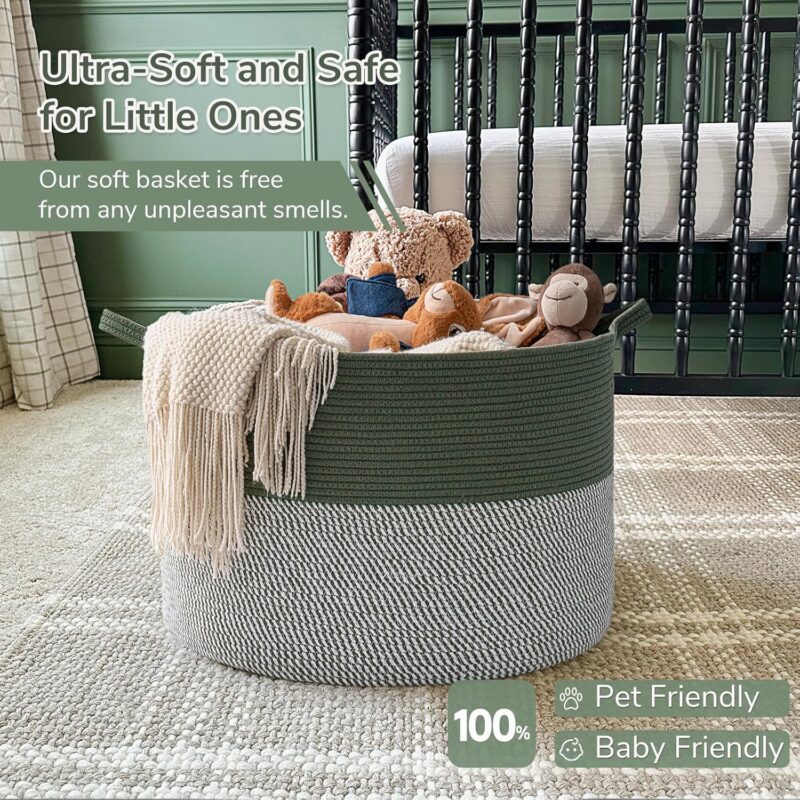 INDRESSME Large Laundry Storage Basket, 21.7 x 13.8 Blanket Baskets for Organizing Decorative Rope Basket Living Room Bedroom Nursery Toy Storage Basket for Colthes Towel, Empty Gift Basket, Green - Image 6