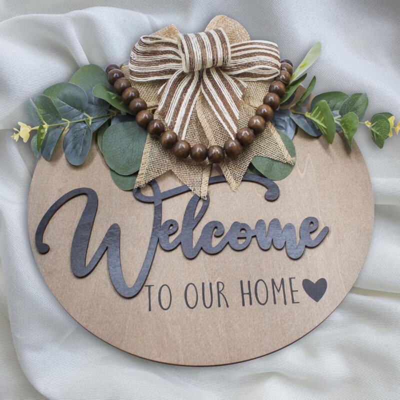 3D Welcome Sign for Front Door | Home/Farmhouse Porch Décor Wooden Hanging Sign with Artificial Leaves and Rustic Beads | Christmas Classroom |12" Round - Image 4