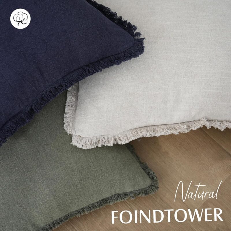 Foindtower Set of 2 Decorative Linen Fringe Throw Pillow Covers Cozy Boho Farmhouse Cushion Cover with Tassels Soft Accent Pillowcase for Couch Sofa Bed Living Room Home Decor,18×18 Inch,Olive Green - Image 4