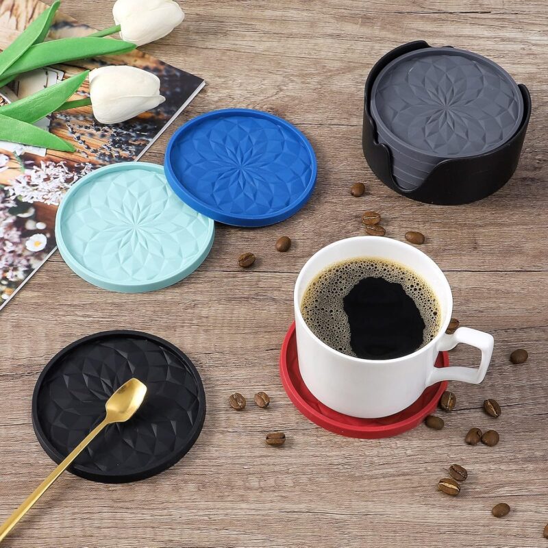 ME.FAN Silicone Coasters [6 Pack] Coasters with Holder - Drinking Coasters - Cup Mat for Drinks - Live for Hot or Cold Drink Thickened, Non-Slip, Non-Stick, Deep Tray Black - Image 6