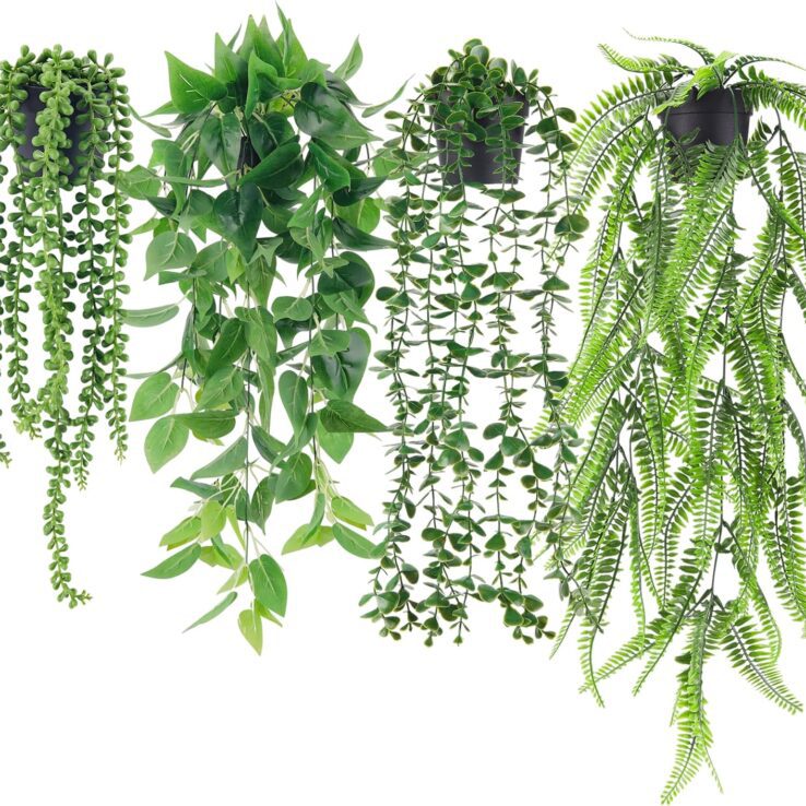 Der Rose 4Pcs Fake Plants Hanging Artificial Ivy Vine Faux Eucalyptus Hanging Plants, Boston Fern, String of Pearls for Home Boho Wall Shelf Indoor Outdoor Decor