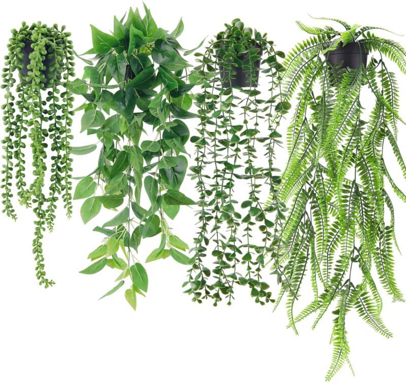 Der Rose 4Pcs Fake Plants Hanging Artificial Ivy Vine Faux Eucalyptus Hanging Plants, Boston Fern, String of Pearls for Home Boho Wall Shelf Indoor Outdoor Decor