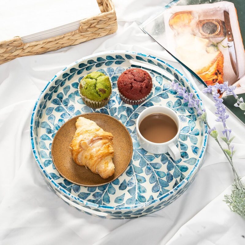 CLAYNIX Serving Tray 12.5 Inch, Lacquer Mother of Pearl Inlay Mosaic Tray, Round Wooden Marble Tray with Handles Trays for Tea, Breakfast (Leaf Style) - Image 5