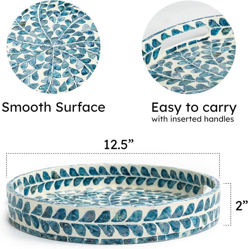 CLAYNIX Serving Tray 12.5 Inch, Lacquer Mother of Pearl Inlay Mosaic Tray, Round Wooden Marble Tray with Handles Trays for Tea, Breakfast (Leaf Style) - Image 3