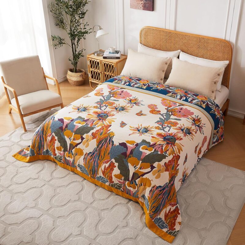 Boho Throw Blanket - 100% Cotton Ultra Soft Bed Throw Large - Fall Blanket Floral Bird and Butterfly Farmhouse Decor Bed Blankets,60"×80" All Season Blanket for Sofa Couch Chair - Image 8
