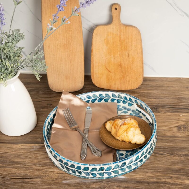 CLAYNIX Serving Tray 12.5 Inch, Lacquer Mother of Pearl Inlay Mosaic Tray, Round Wooden Marble Tray with Handles Trays for Tea, Breakfast (Leaf Style) - Image 4